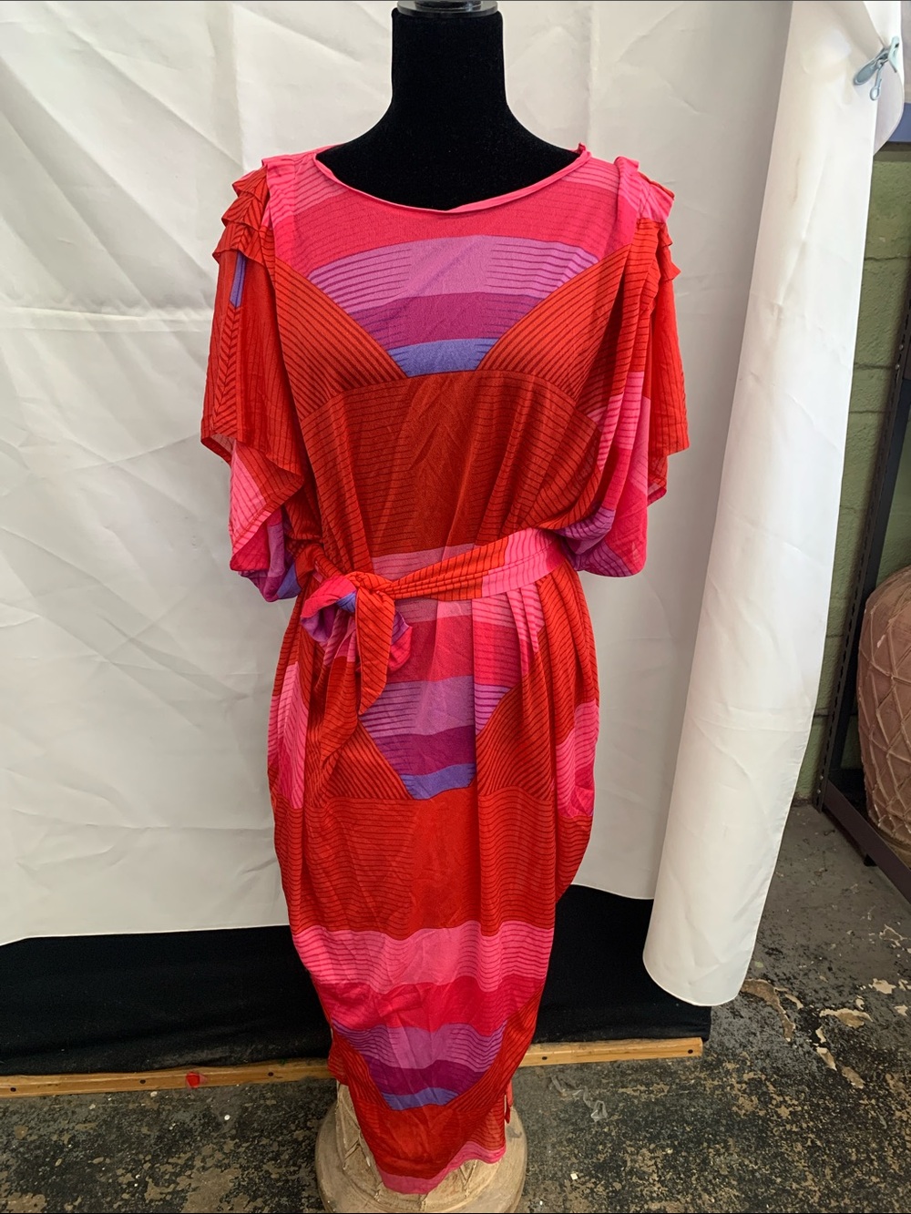 Gottex Red & Pink Striped Midi Dress with Tie Waist